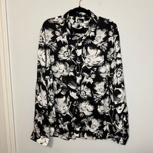 The Kooples Floral Button Up XXL Watercolor Garden Shirt Designer Black White